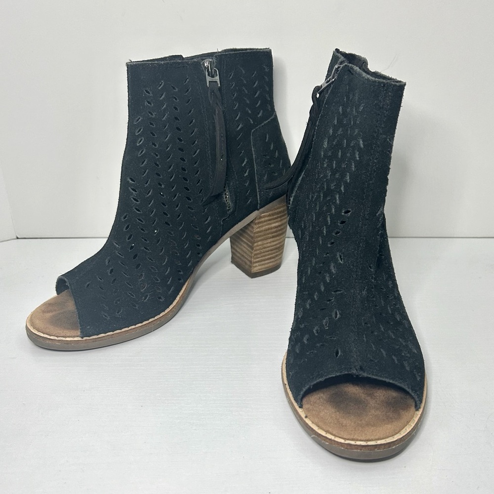 Toms Majorca Black Suede Peep Toe Ankle Boots Booties Size 5.5